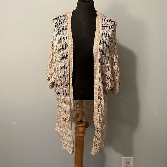 Mine Women's Tan Crochet Knit Dolman Short Sleeve Open Front Long Cardigan - Picture 1 of 7